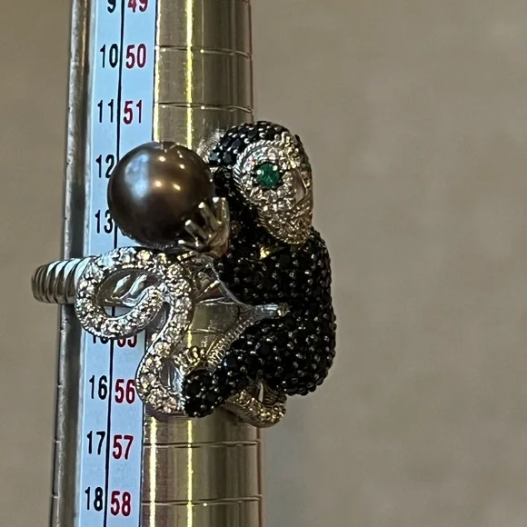 Sterling Silver Black Spinel Monkey Ring Size 7